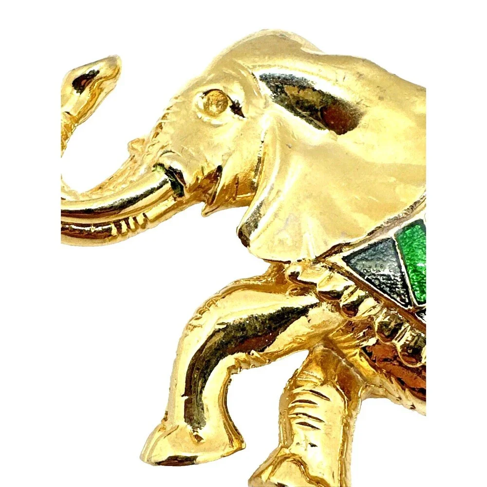 Vintage Indian Elephant Brooch Diamond Pattern Green Enamel Gold Tone Pin 3